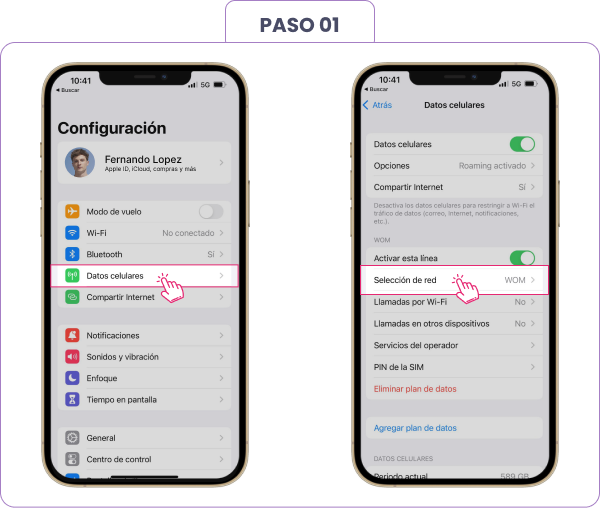 Primer paso para configurar el APN es ingresar en Datos celulares / Selección de red.