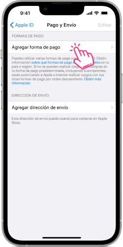 Iphone para Agregar forma de pago. 